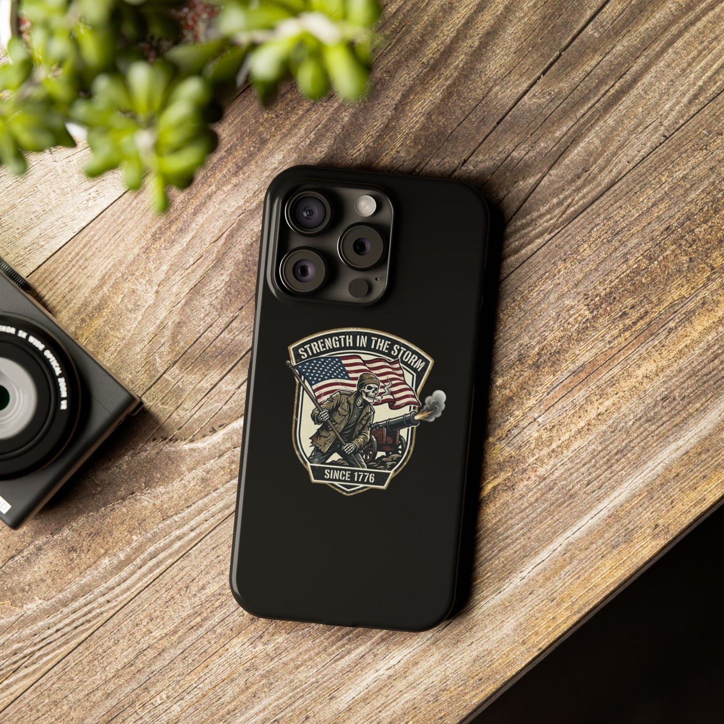 American Slim Phone Case — "Strength in the Storm" Patriotic Skeleton Soldier Design