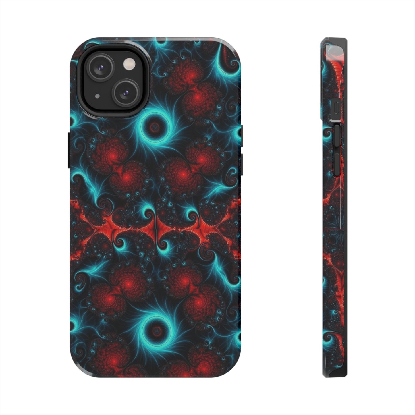Fractal Bloom Tough Phone Case — Neon Red & Teal Protective Cover