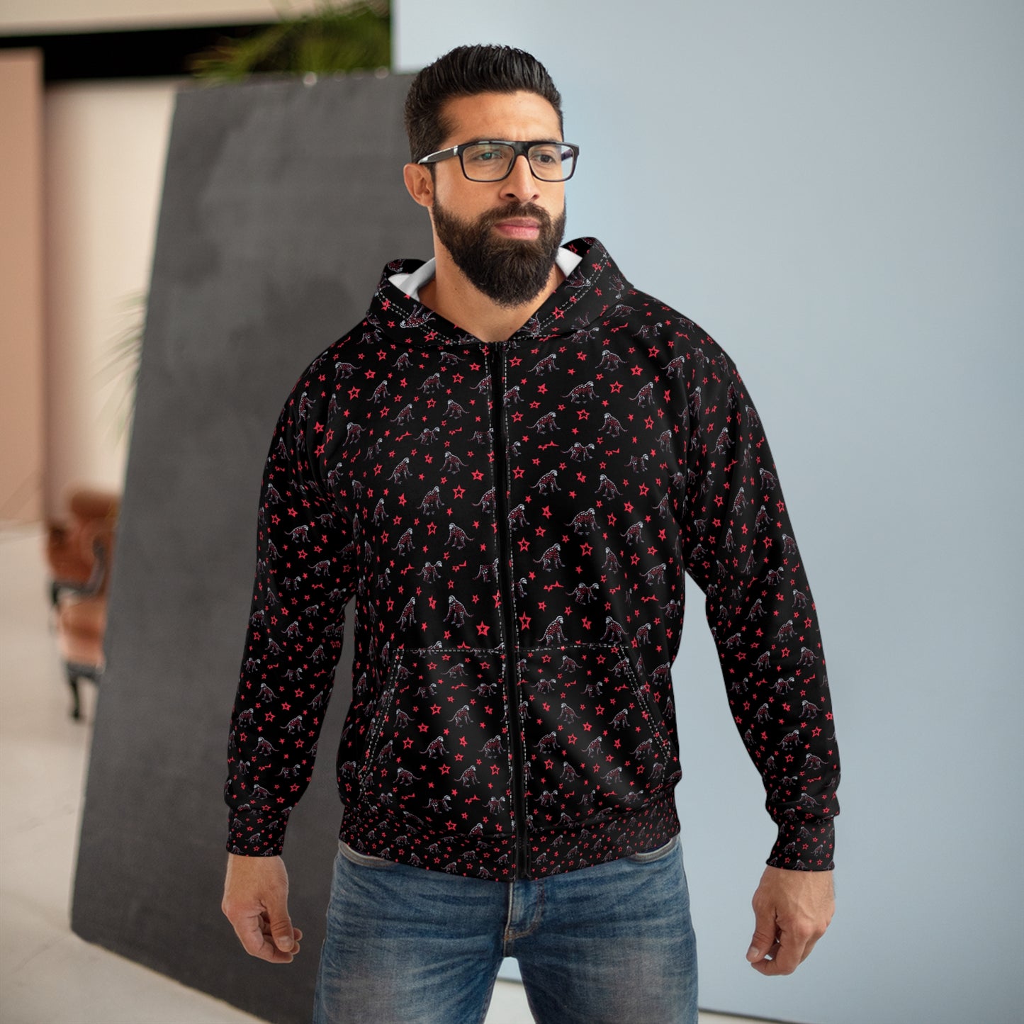 Cool monkey pattern, black with little stars.