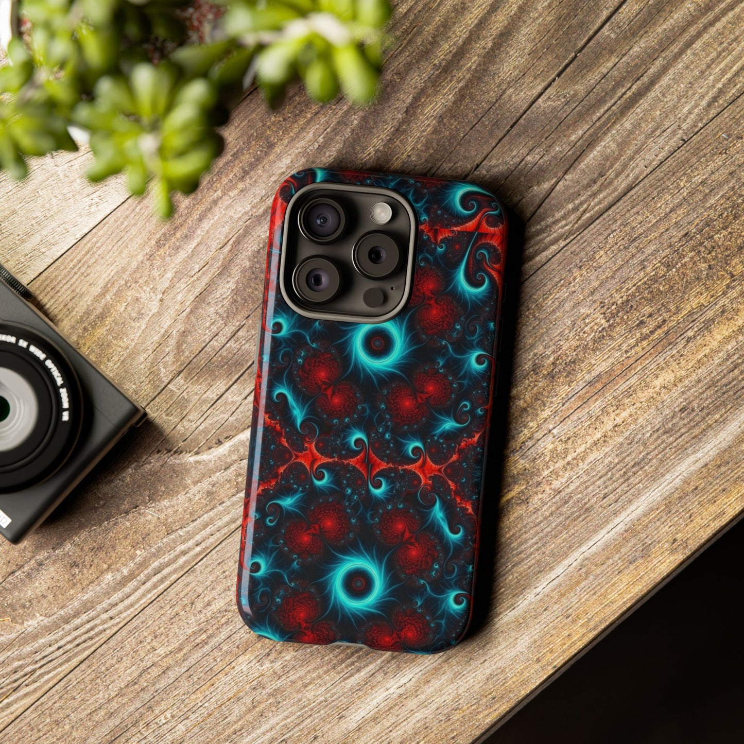 Phone case glossy ---Galaxy Fractal Tough Phone Case — Red & Teal Abstract Protective Cover