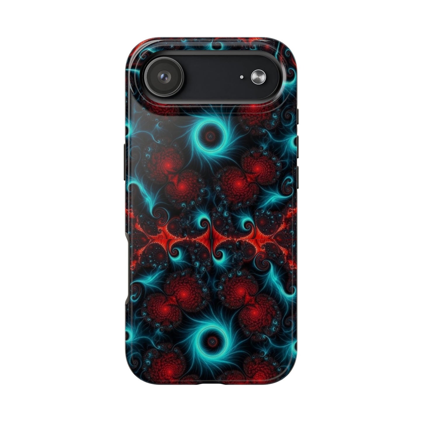Fractal Bloom Tough Phone Case — Neon Red & Teal Protective Cover