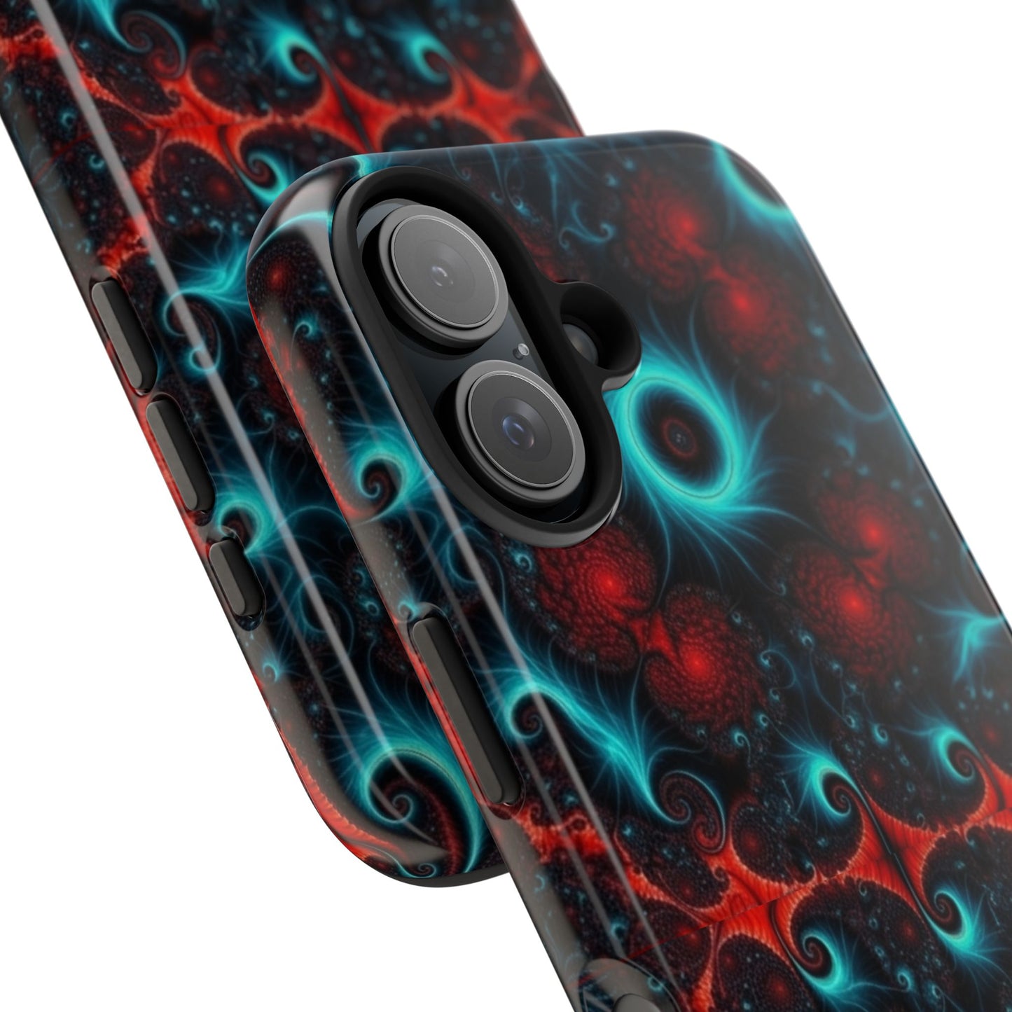 Fractal Bloom Tough Phone Case — Neon Red & Teal Protective Cover