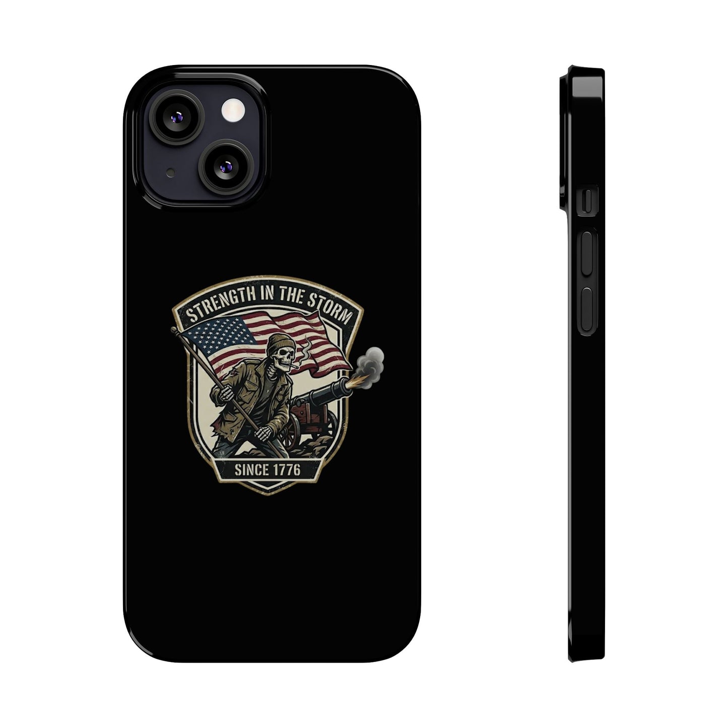 American Slim Phone Case — "Strength in the Storm" Patriotic Skeleton Soldier Design