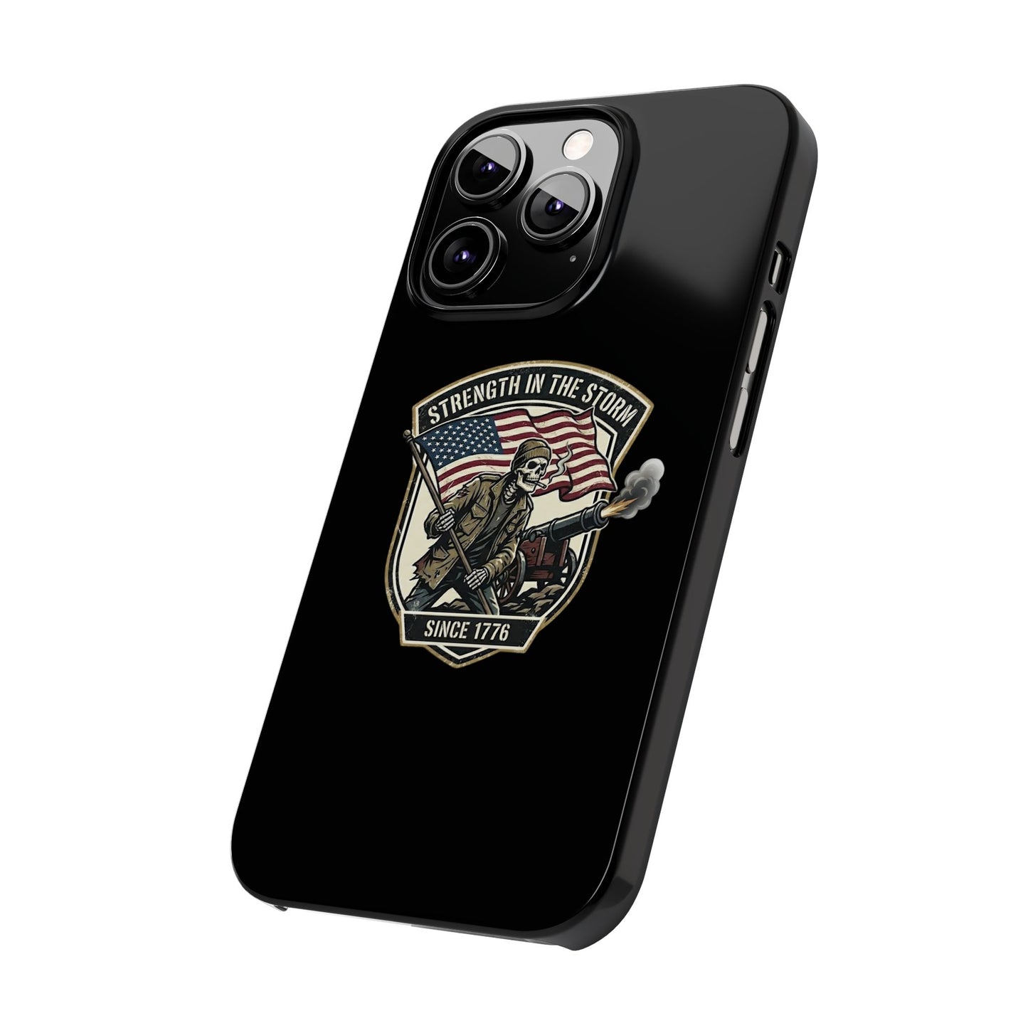 American Slim Phone Case — "Strength in the Storm" Patriotic Skeleton Soldier Design