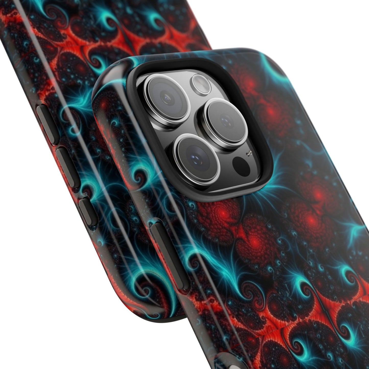 Fractal Bloom Tough Phone Case — Neon Red & Teal Protective Cover