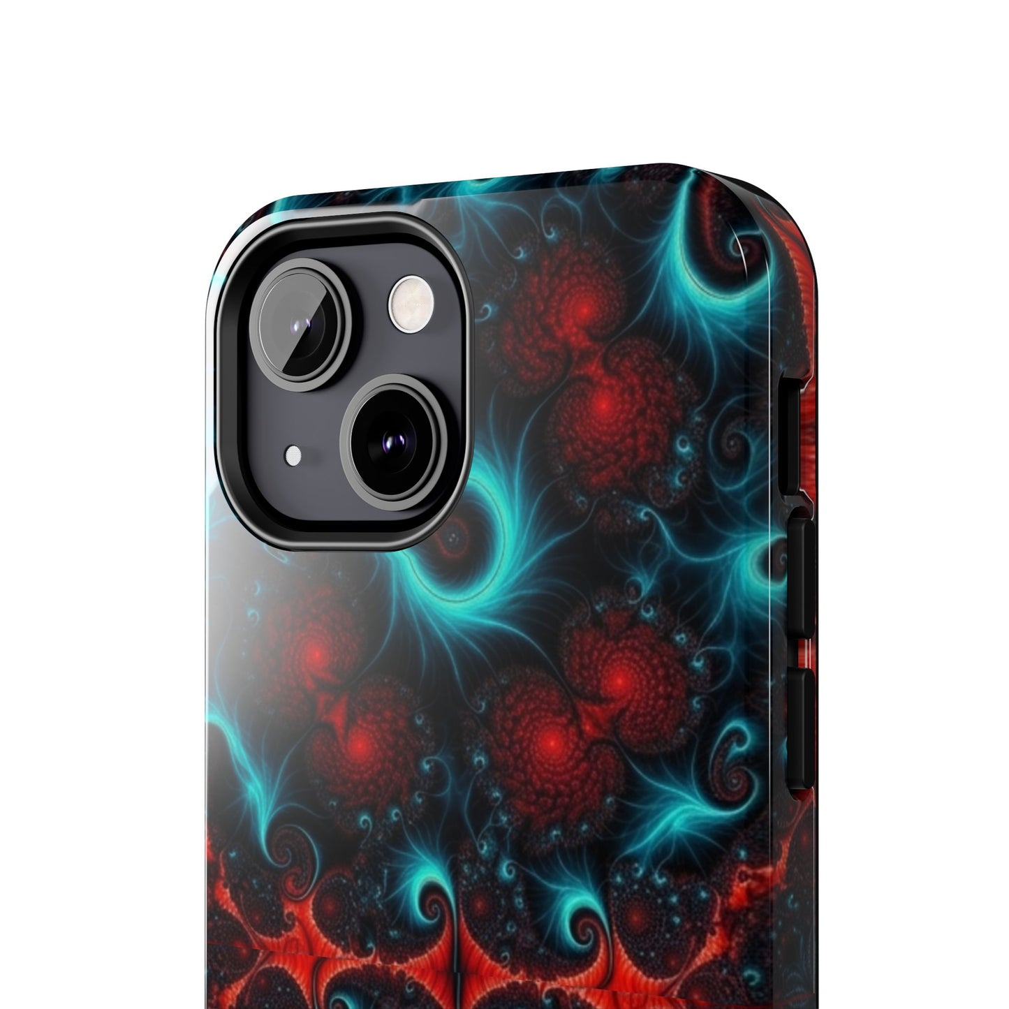 Fractal Bloom Tough Phone Case — Neon Red & Teal Protective Cover