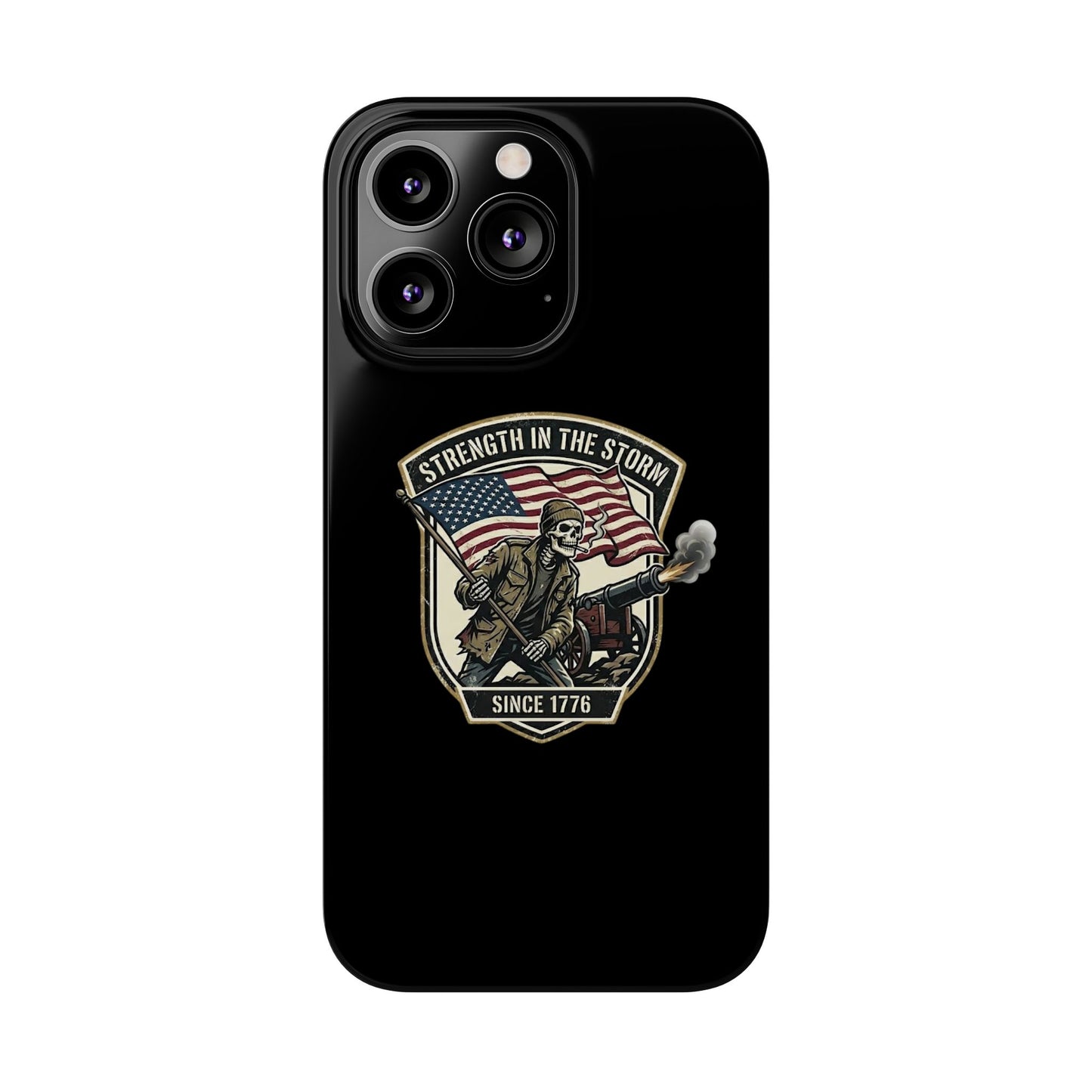 American Slim Phone Case — "Strength in the Storm" Patriotic Skeleton Soldier Design