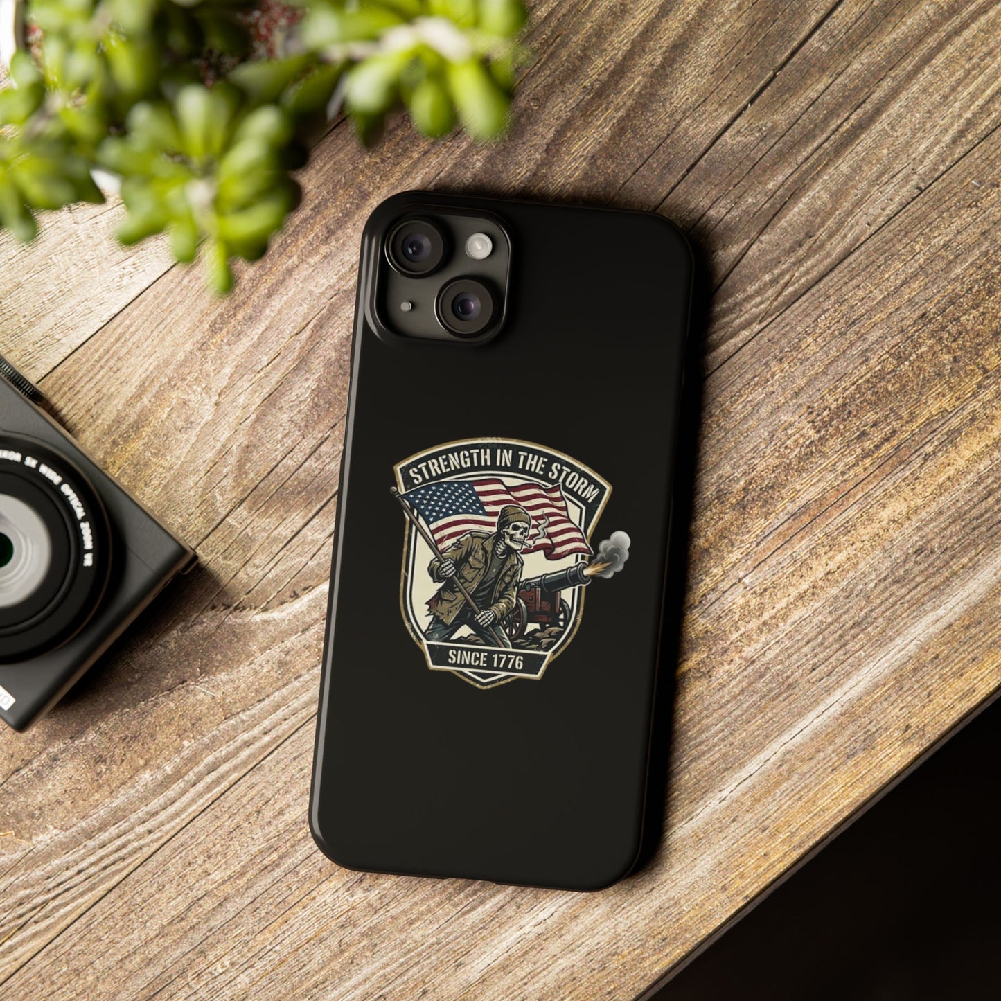 American Slim Phone Case — "Strength in the Storm" Patriotic Skeleton Soldier Design