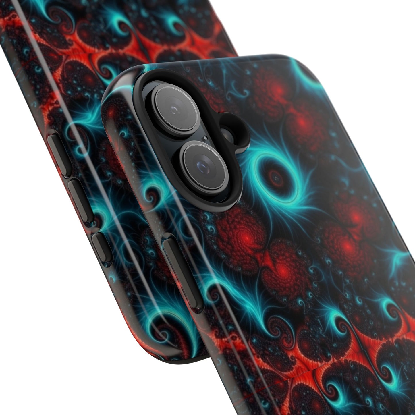 Fractal Bloom Tough Phone Case — Neon Red & Teal Protective Cover