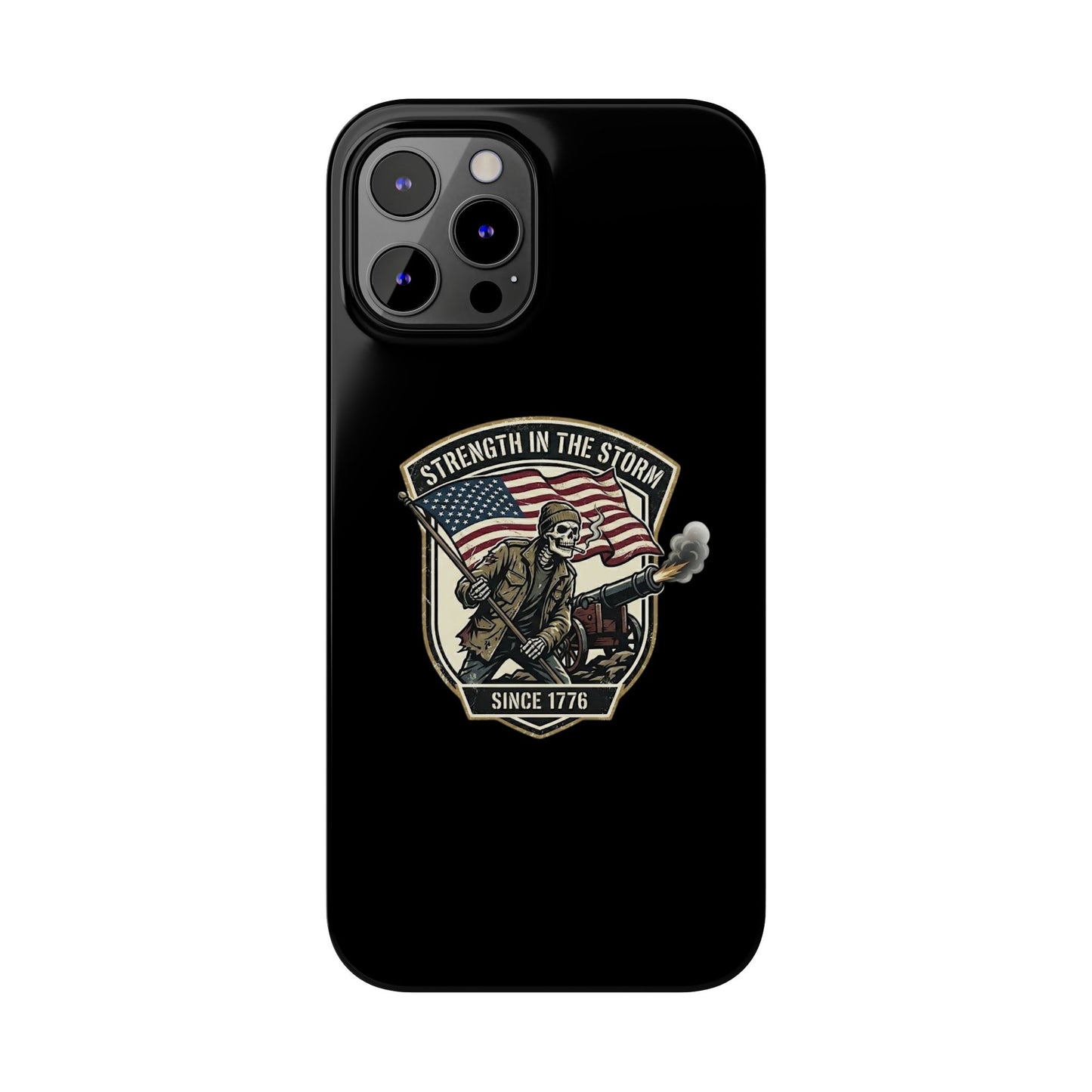American Slim Phone Case — "Strength in the Storm" Patriotic Skeleton Soldier Design