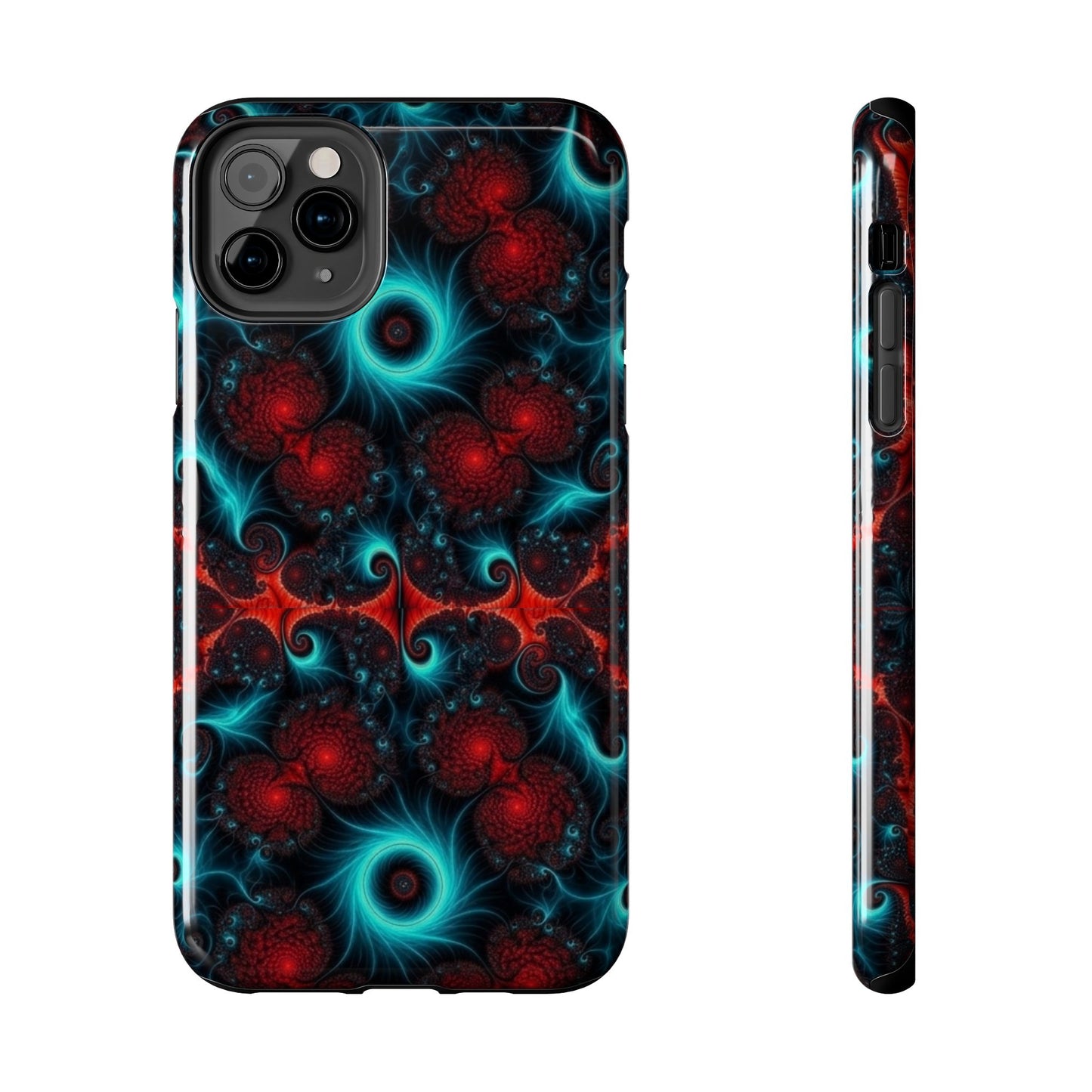 Fractal Bloom Tough Phone Case — Neon Red & Teal Protective Cover