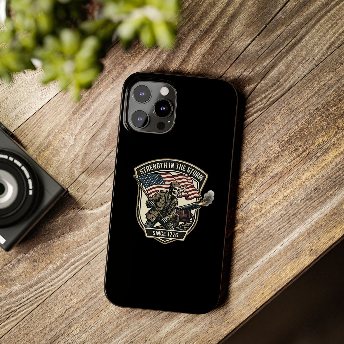 American Slim Phone Case — "Strength in the Storm" Patriotic Skeleton Soldier Design
