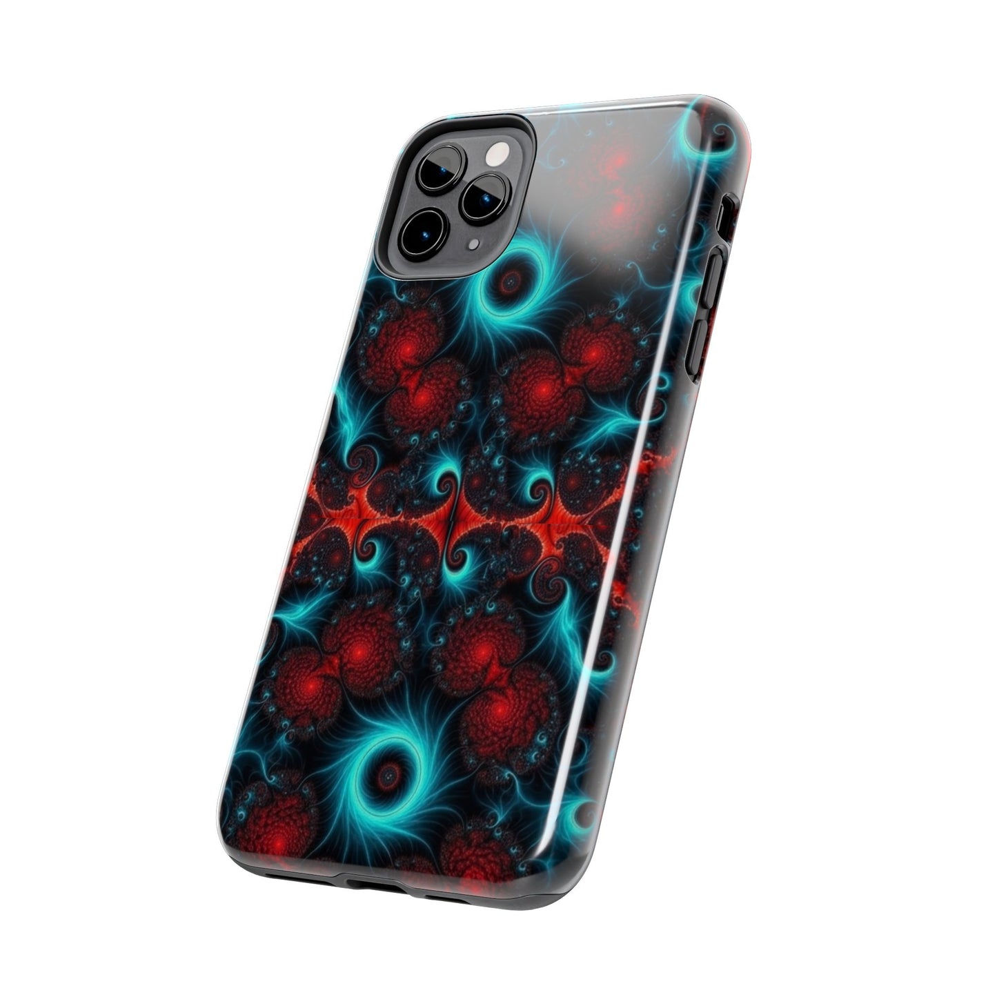 Fractal Bloom Tough Phone Case — Neon Red & Teal Protective Cover