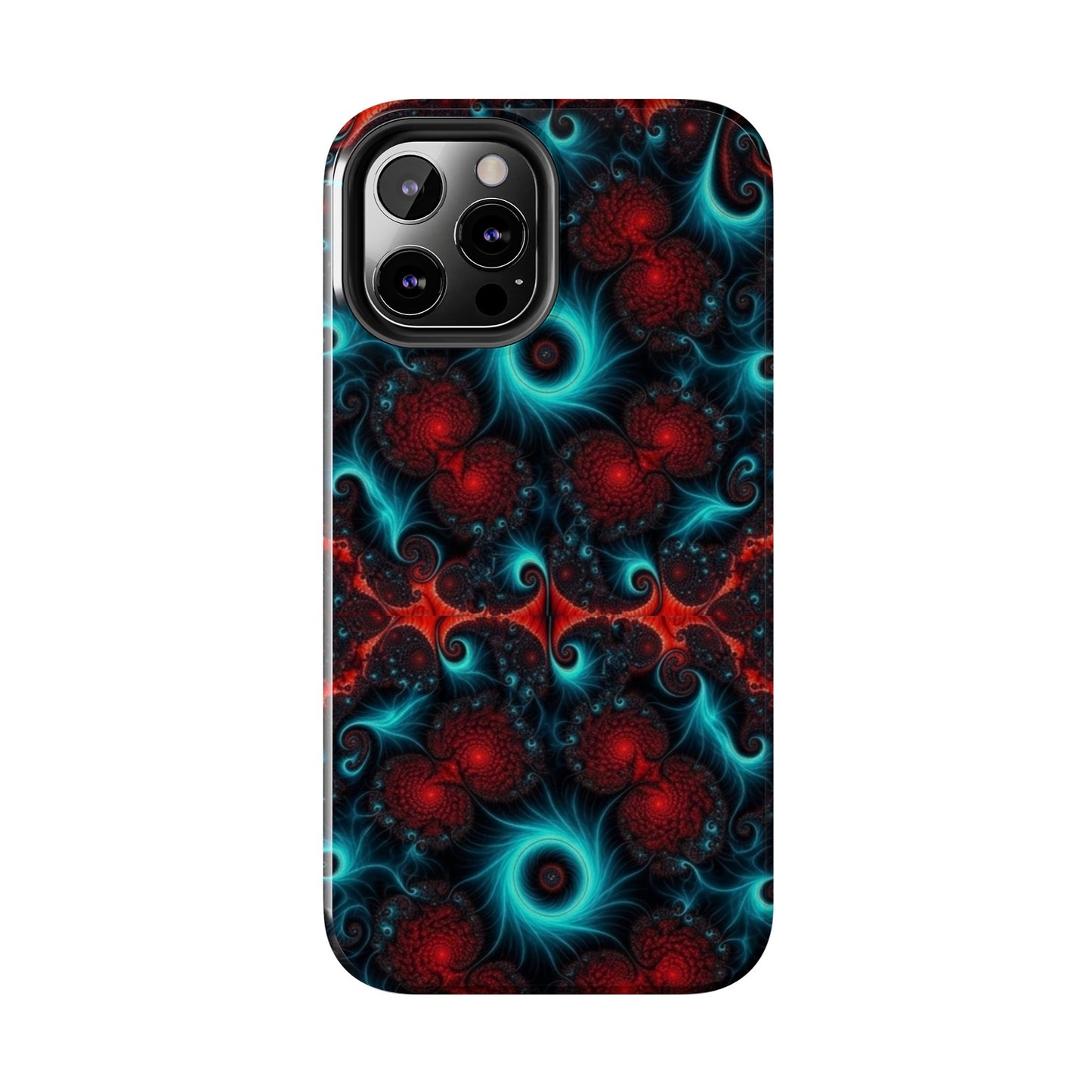 Fractal Bloom Tough Phone Case — Neon Red & Teal Protective Cover