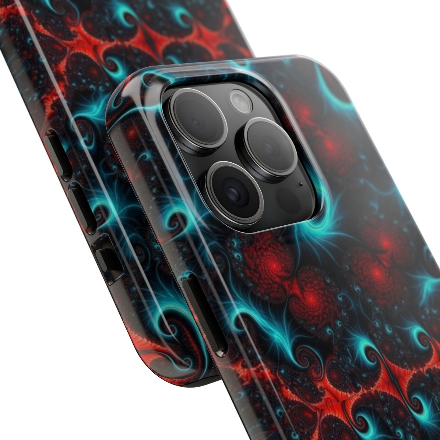 Fractal Bloom Tough Phone Case — Neon Red & Teal Protective Cover