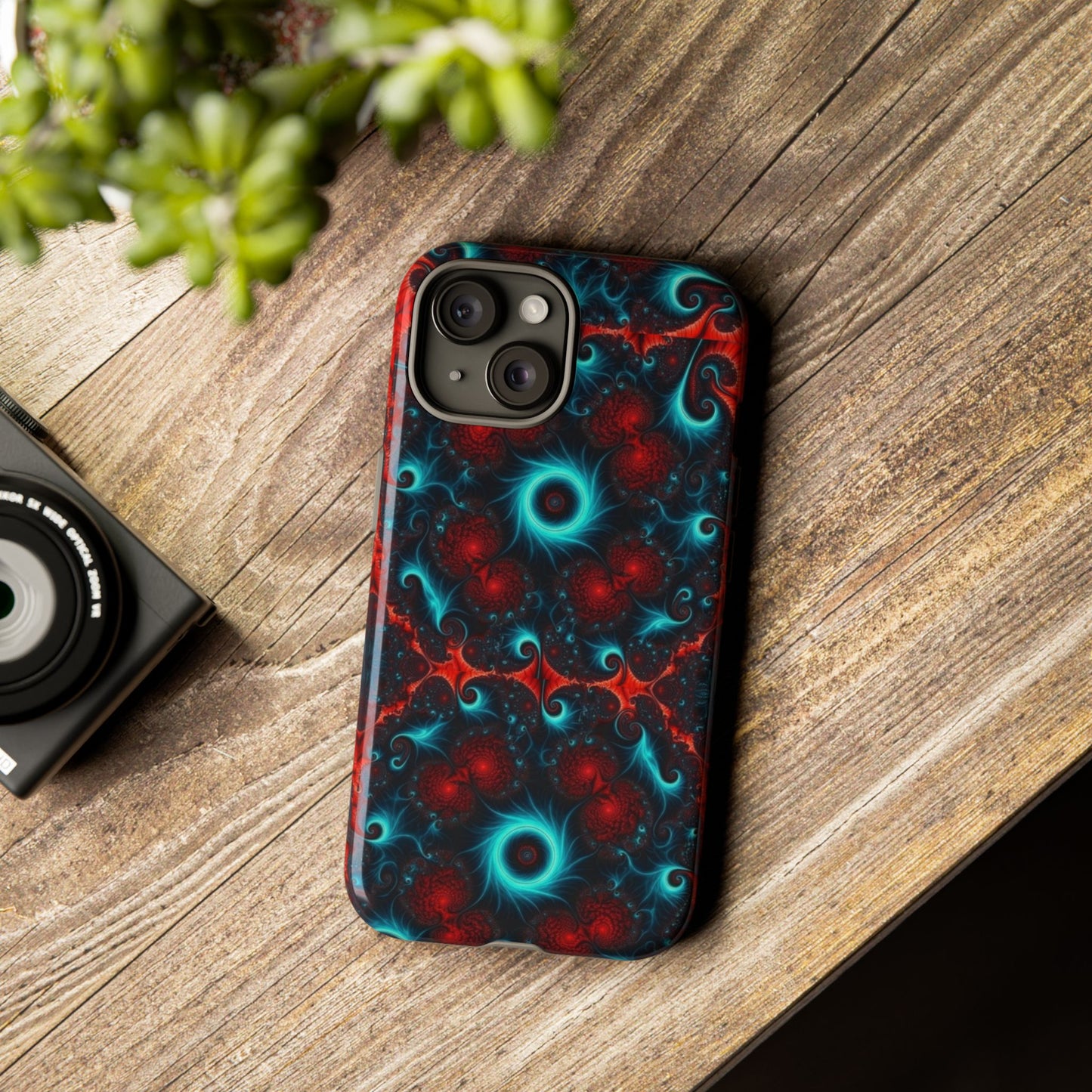 Phone case glossy ---Galaxy Fractal Tough Phone Case — Red & Teal Abstract Protective Cover
