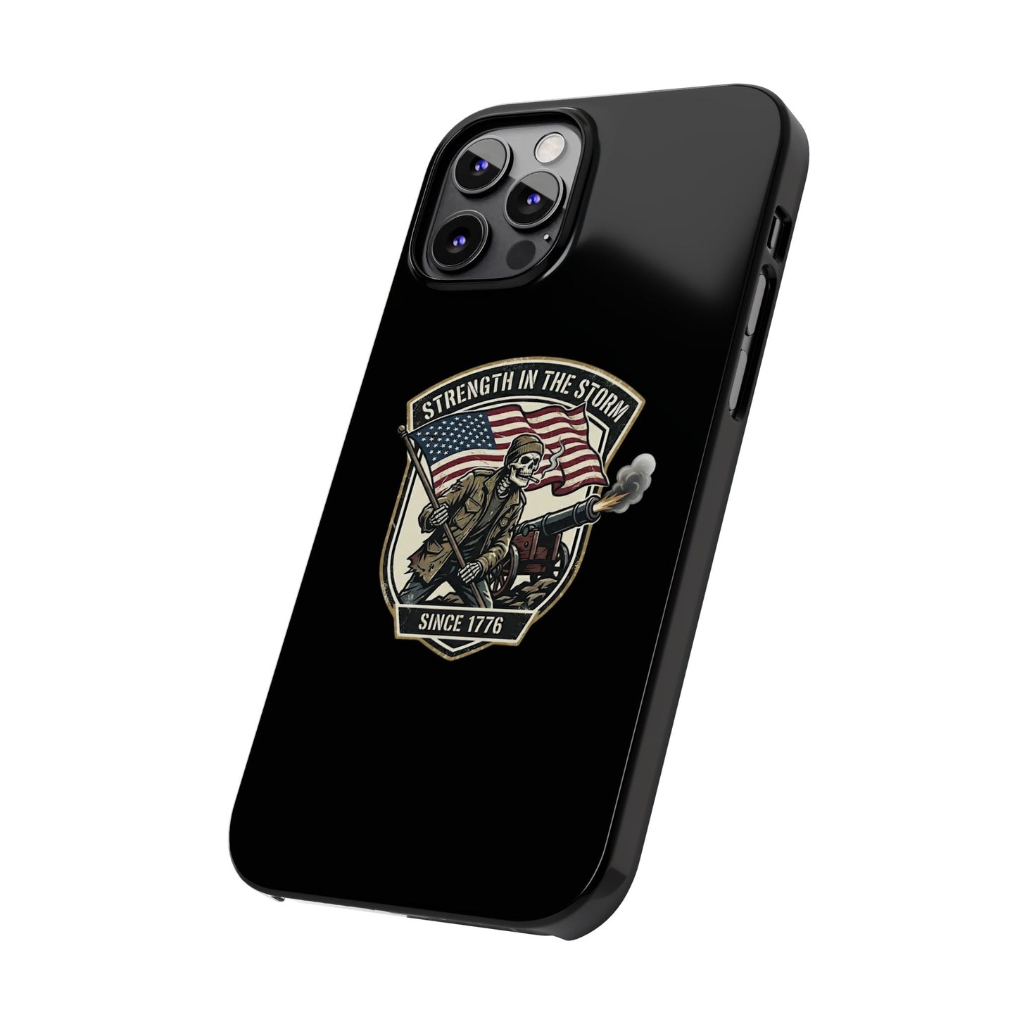 American Slim Phone Case — "Strength in the Storm" Patriotic Skeleton Soldier Design