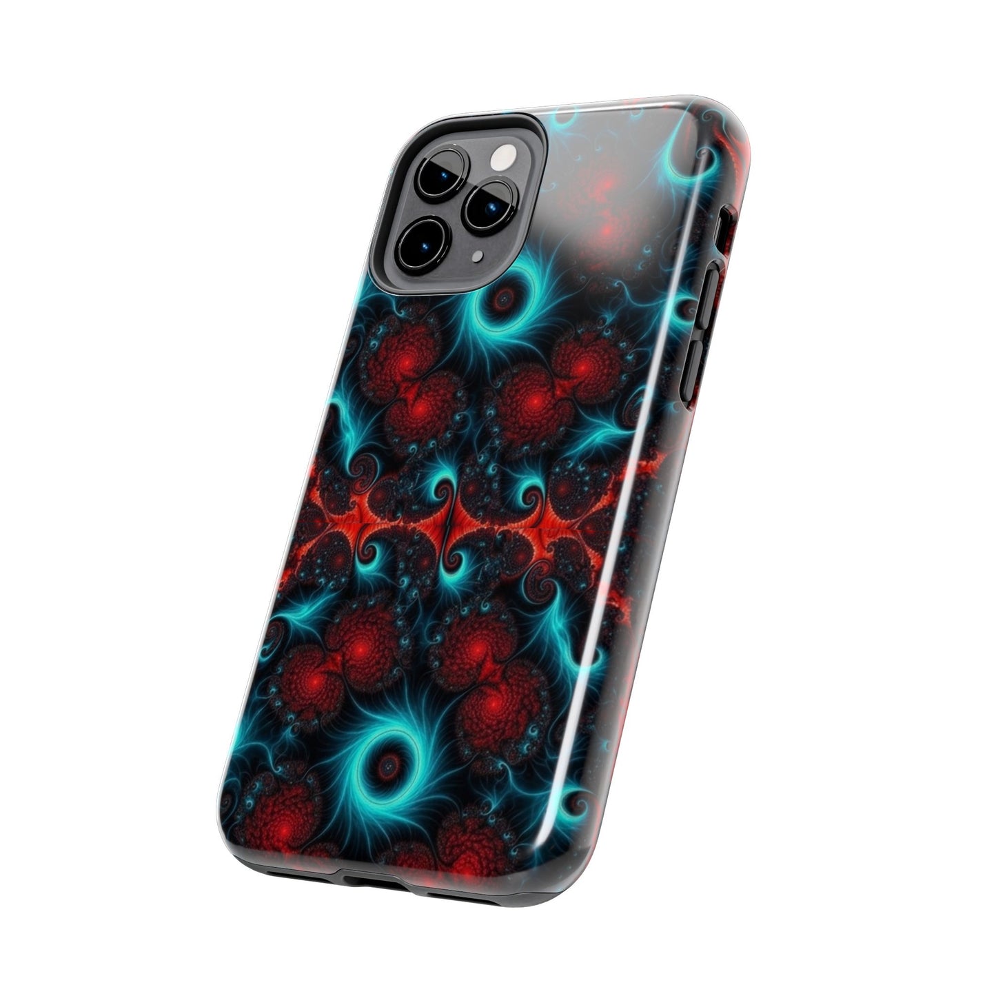 Fractal Bloom Tough Phone Case — Neon Red & Teal Protective Cover