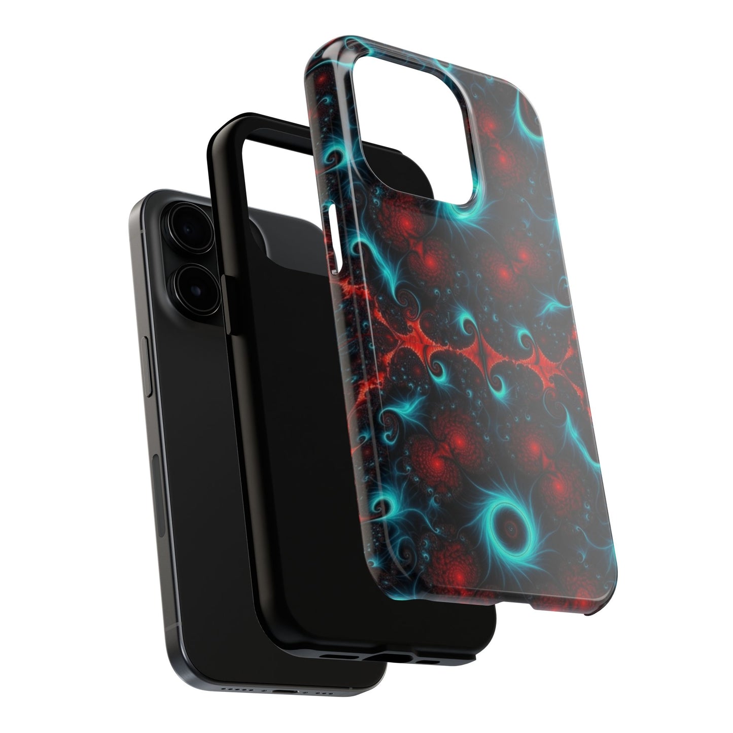 Fractal Bloom Tough Phone Case — Neon Red & Teal Protective Cover
