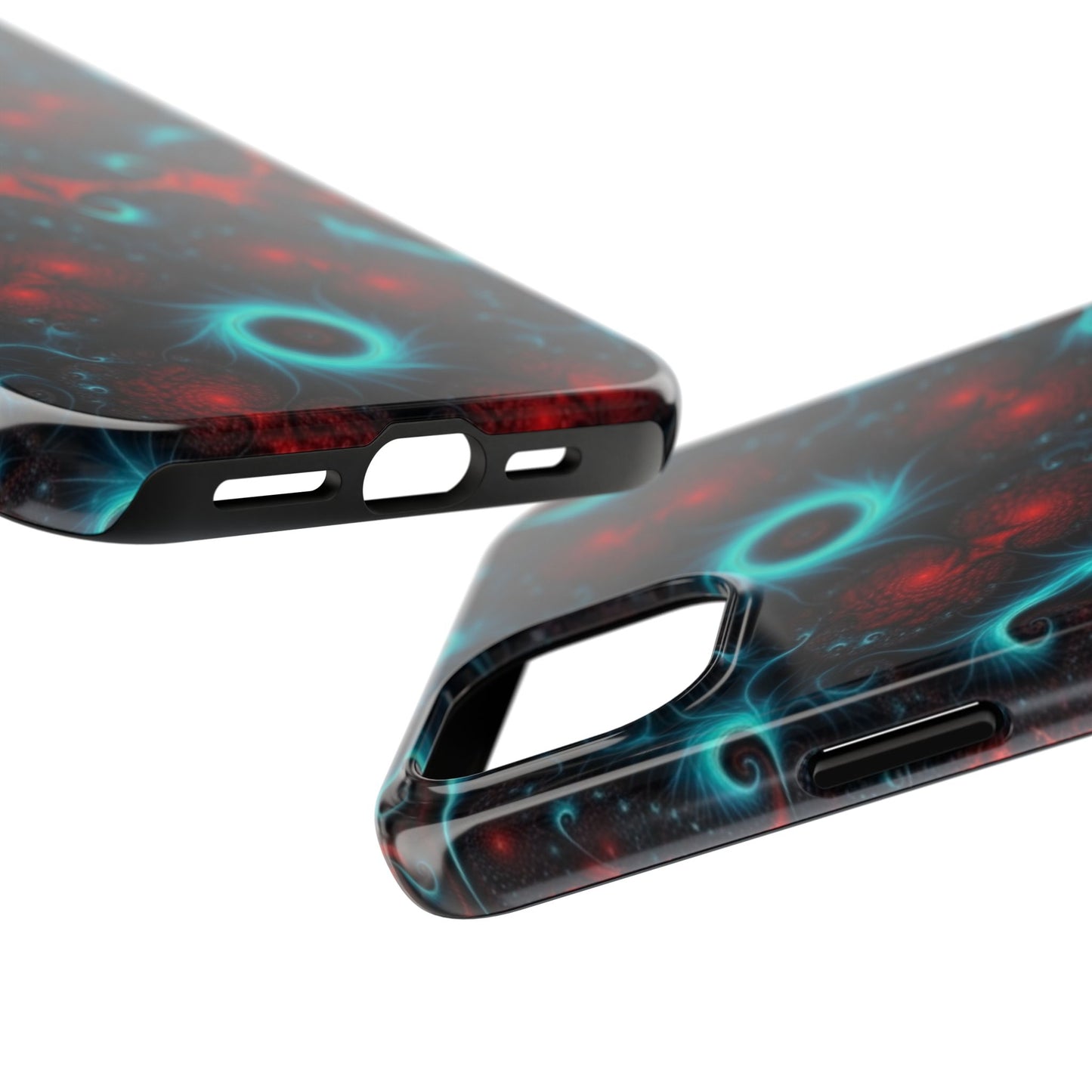 Fractal Bloom Tough Phone Case — Neon Red & Teal Protective Cover
