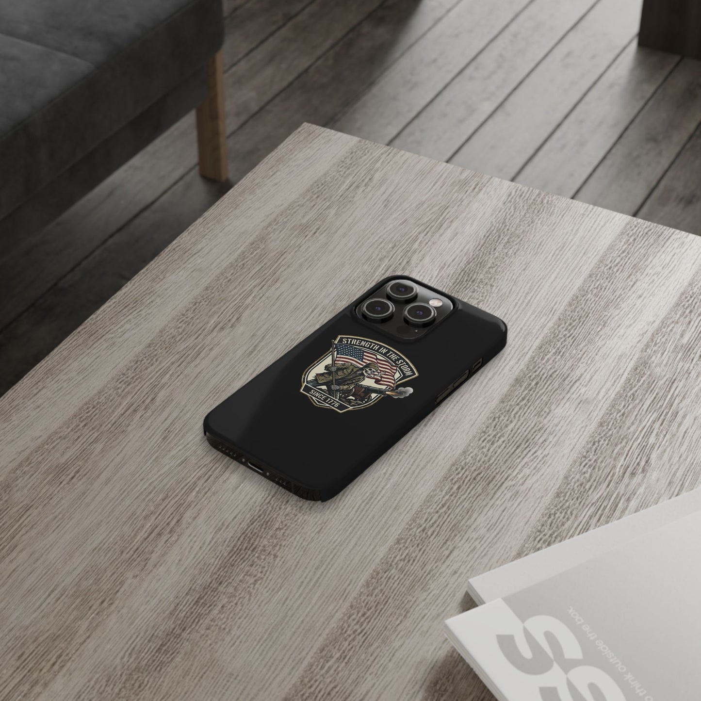 American Slim Phone Case — "Strength in the Storm" Patriotic Skeleton Soldier Design