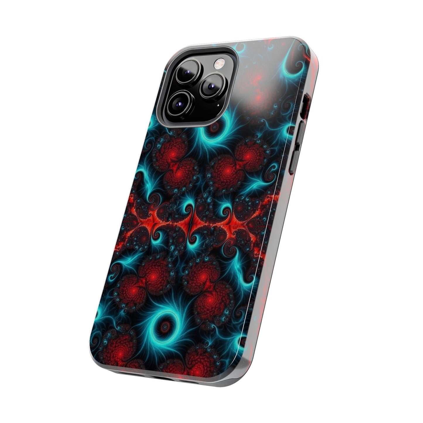 Fractal Bloom Tough Phone Case — Neon Red & Teal Protective Cover